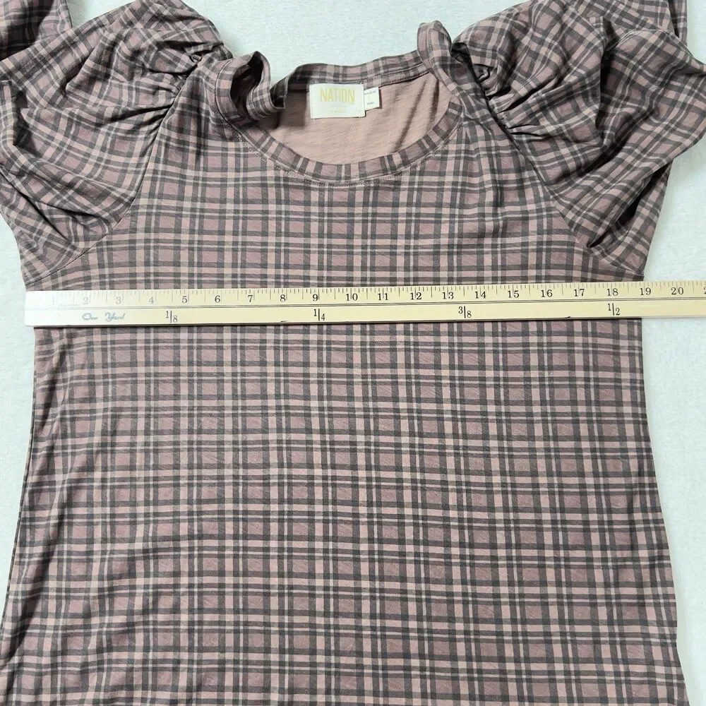 Nation Ltd Long Sleeve Top Sz L Plaid Brown 100% Pima Cotton MInimalist - Picture 9 of 12